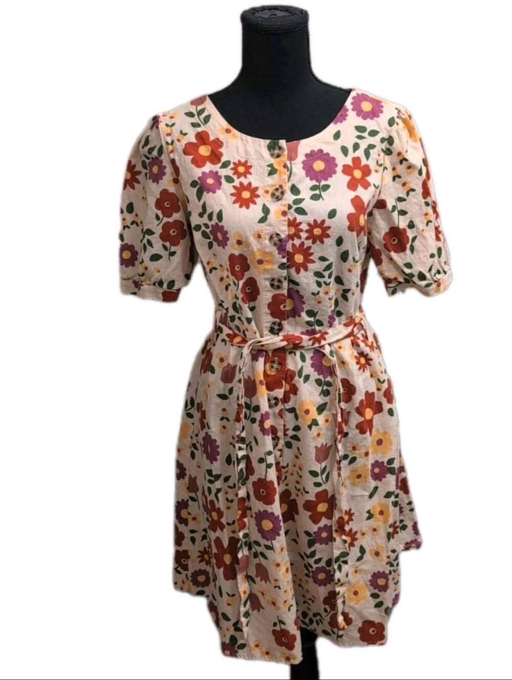 Modcloth Princess Highway Linen Blend Dress Retro Florals 60s Belted Size 6